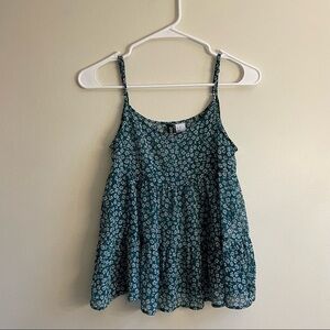 2/$15 XXS- Divided Tank Top Spaghetti Straps Green Floral Summer Women’s Shirt